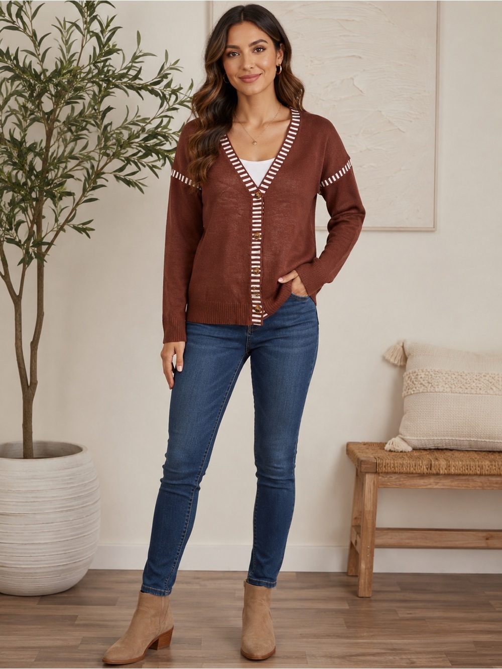 Brown V-Neck Button Stripe-Trim Cardigan Sweater